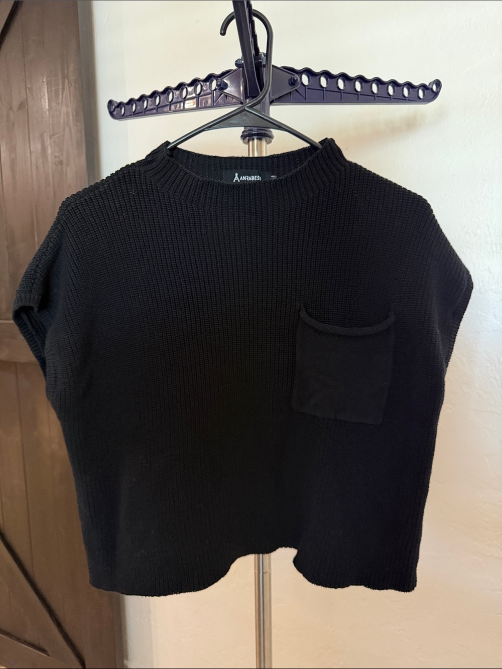 Annabella Black Short-Sleeve Knit Top with Pocket